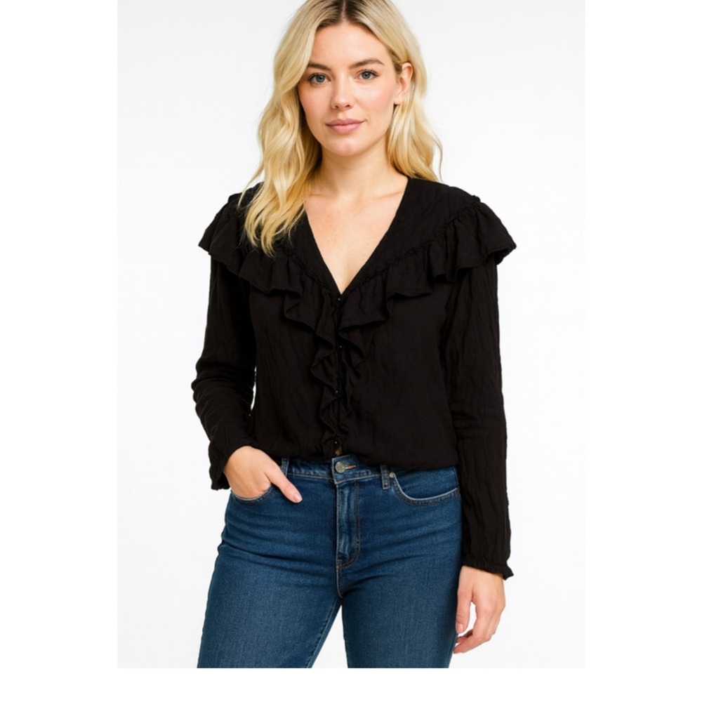 ILLA ILLA Black Ruffle V-Neck Blouse
